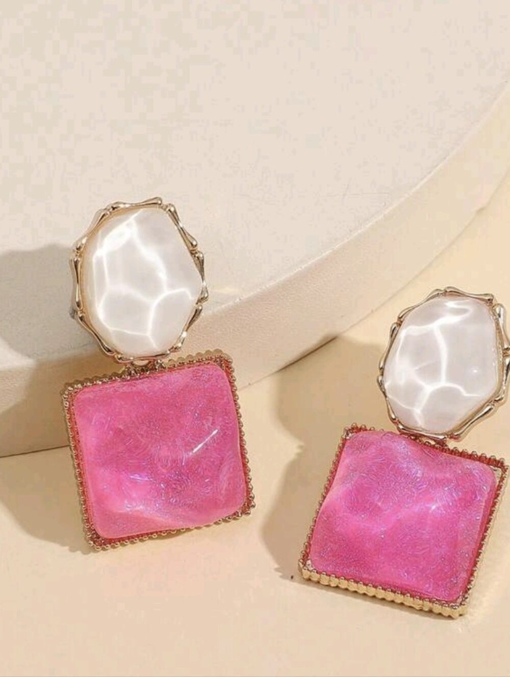 Gold Tone Pink & White Drop Earrings